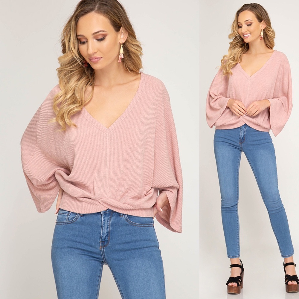 Batwing V-Neck Sweater Top in Rose - Picture 3 of 5